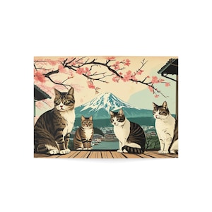 Set di cartoline con gatti - Vicolo di Kyoto, Fiori di ciliegio, Monte Fuji, Sala da tè, Illustrazione in stile vintage, Set di 4 cartoline, Arte paesaggistica giapponese