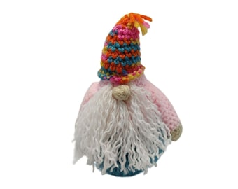 Small Soft Sculpture Crocheted Gnome Teal Base Light Pink Body Multi Color Hat Cottagecore Handcrafted Garden Decor