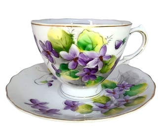 Kasuga Ware Violets Cup and Saucer Japan Gold Trim Bone Grannycore Cottage Core