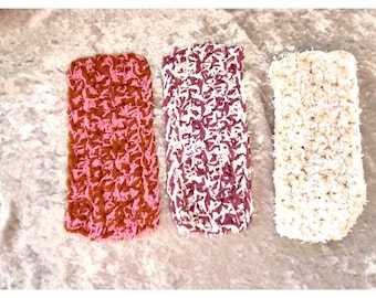 Crocheted Kitchen Scrubby Sponges Red and White Brown and Pink Tan and White Set of 3 dishwashing scrubbing sponges scubbies