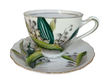 Kasuga Ware Lily of The Valley Cup and Saucer Japan Gold Trim Bone China