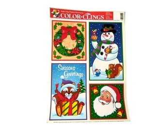 VTG Color Clings Window Decoration Snowman, Santa, Squirrel, Wreath