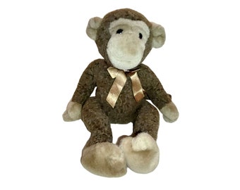 Russ Berrie Jimby Brown Push Stuffed Toy Monkey Vintage 1990s Brown Ribbon Tie