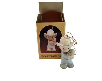 Precious Moments Love Rescued Me Ornament Orig Box Boy w Puppy Fire Dept Hat