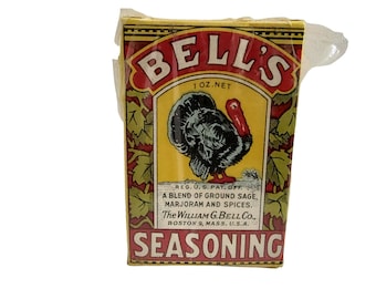 Bells Spiced Seasoning Spice Box NOS For Display Only Turkey on front, Yellow Red