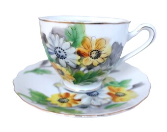 Kasuga Ware Daisy Cup and Saucer Japan Gold Trim Bone China Granny Cottage Core