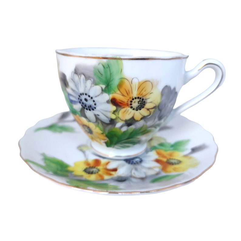 Kasuga Ware Daisy Cup and Saucer Japan Gold Trim Bone China Granny Cottage Core image 1