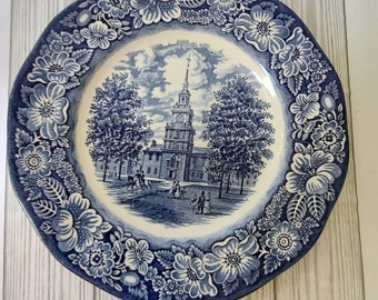 Liberty Blue Dinner Plate Staffordshire Ironstone Independence Hall 1975 - 1981 Vintage Blue and White Plate