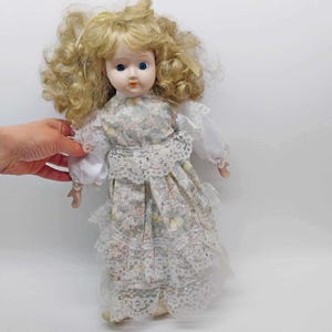 Vintage Porcelain Doll with Curly Blonde Hair, Doll with Floral Dress with Lace, 40 cm tall