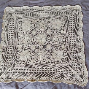 Vintage Handmade Tablecloth, Hand crocheted Small Square Tablecloth, White, Made of cotton yarn