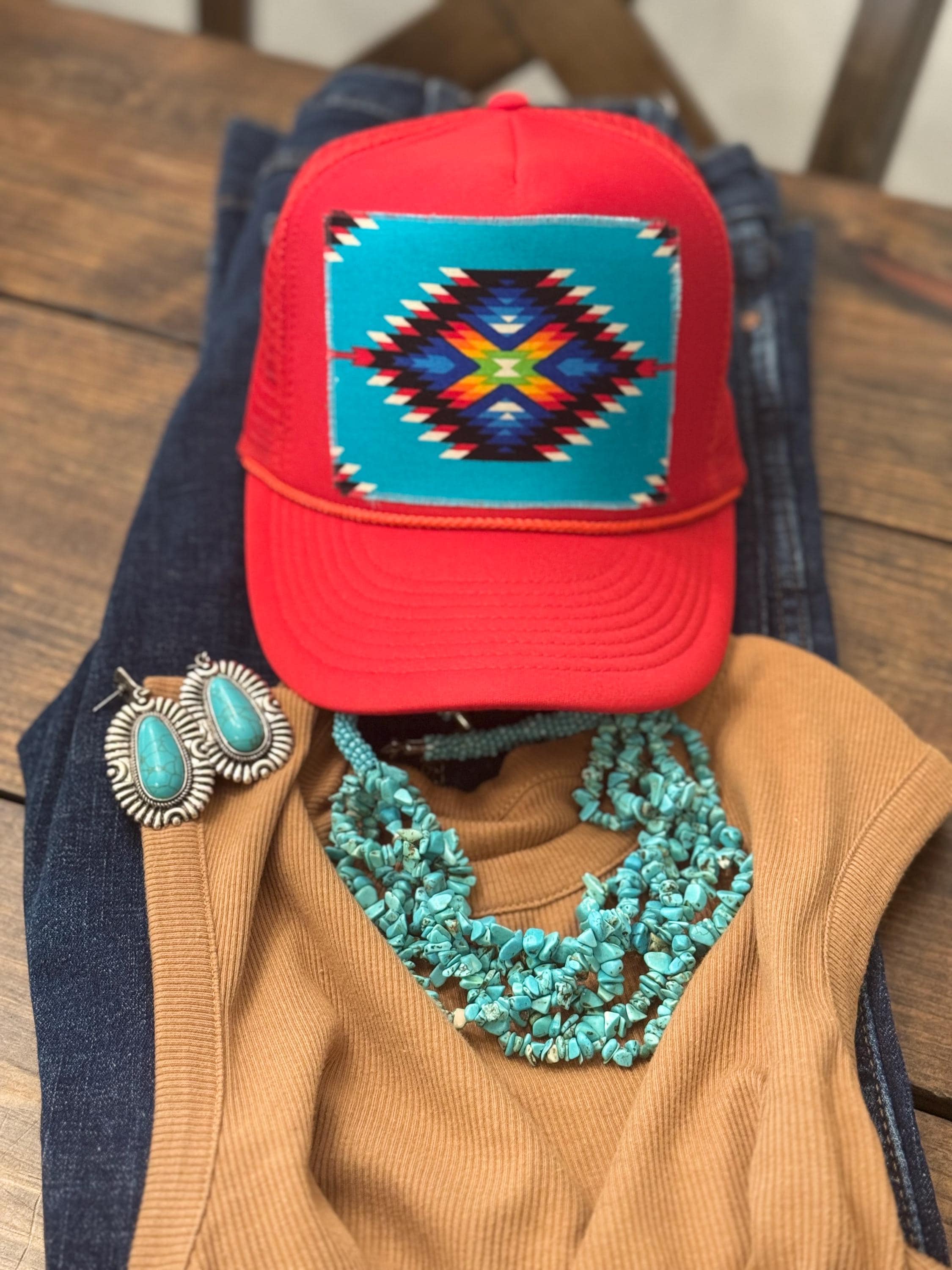 NEW cream and tan multi-patch trucker hat with a \