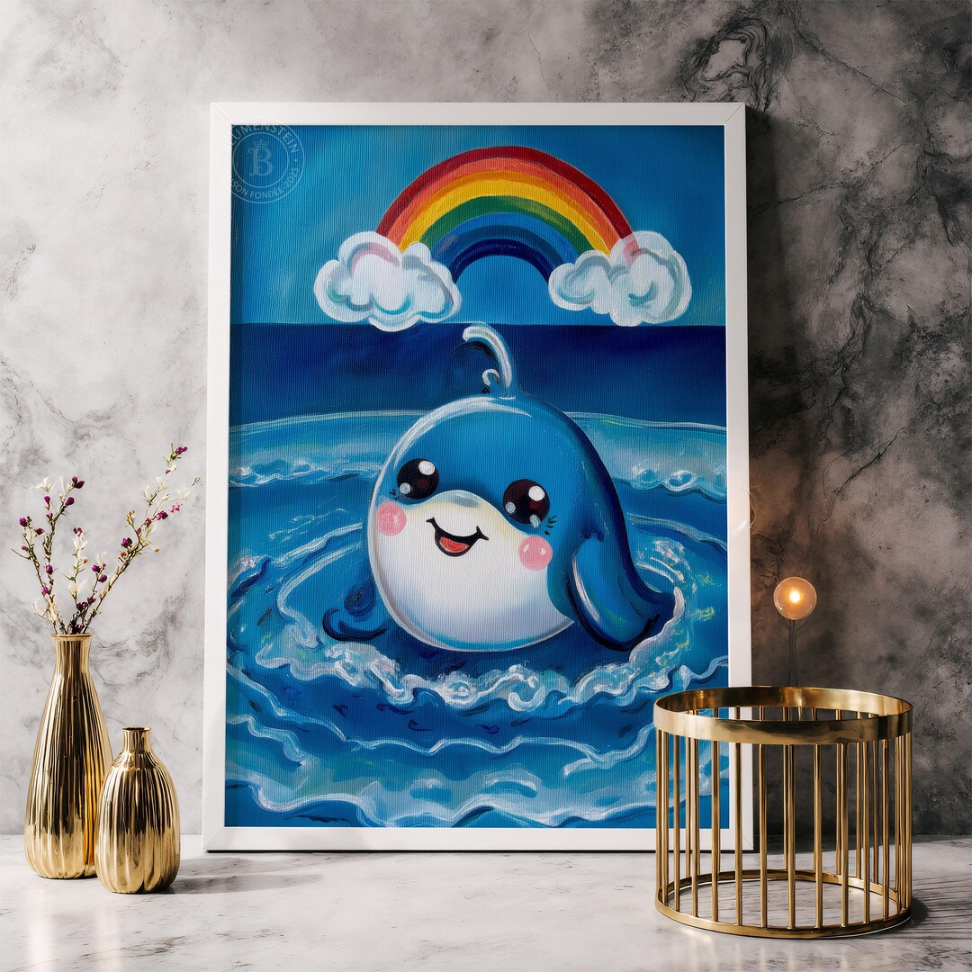 Printable Cute Whale Wall Art, Blue Rainbow Oil Painting, Colorful ...