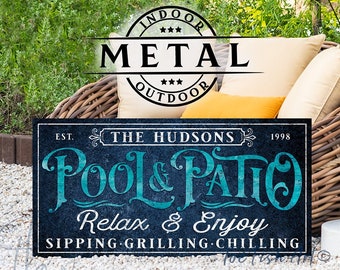 METAL SIGN! Personalized Pool & Patio Sign Backyard Bar and Grill Pool Deck Custom Family Last Name Sign Modern Farmhouse Wall Decor Rustic