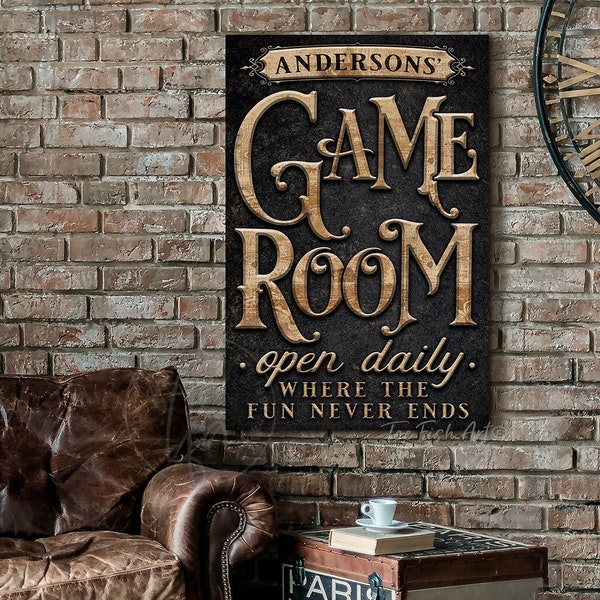 Personalized Game Room Sign Custom Family Last Name Modern Farmhouse Wall Decor Billiards Lounge Arcade Poker Darts Music Art CANVAS Print