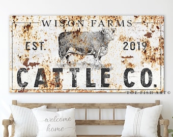 Modern Farmhouse Wall Decor Cattle Company Last Name Established Family Sign Rustic Cow Decor Large Living Room Wall Art Custom Personalized