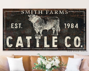 Modern Farmhouse Wall Decor Cattle Company Last Name Established Family Sign Rustic Cow Decor Large Living Room Wall Art Custom Personalized