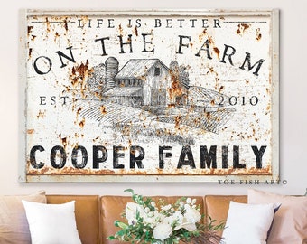 Personalized Custom Family Name Last Name Sign Life is Better on the Farm Modern Farmhouse Wall Decor Rustic Cattle Wall Art Canvas Print