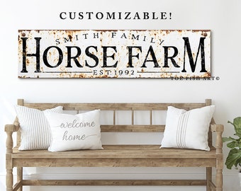 Modern Farmhouse Wall Decor Horse Farm Custom Last Name Established Family Sign Rustic Equestrian Living Room Wall Art Vintage Canvas Print