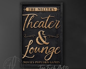 Personalized Theater & Lounge Large Rustic Wall Art Movie TV Room Sign Modern Farmhouse Wall Decor Custom Family Name Cinema CANVAS Print