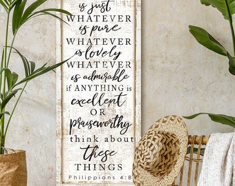 Whatever is True Sign Modern Farmhouse Wall Decor Canvas Print Philippians 4:8 Scripture Bible Verse Large Living Room Sign Rustic Home Art