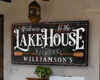 Welcome to the Lake House Personalized Lake Sign Decor Family Name Sign Farmhouse Lake Decor Summer Cottage Cabin Lake Life Canvas Wall Art