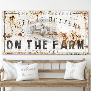 Custom Family Name Sign Modern Farmhouse Decor Life is Better on the Farm Large Rustic Wall Art Last Name Established Family Homestead Cows