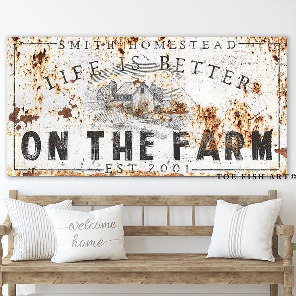 Custom Family Name Sign Modern Farmhouse Decor Life is Better on the Farm Large Rustic Wall Art Last Name Established Family Homestead Cows