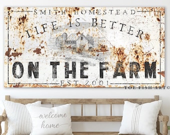 Custom Family Name Sign Modern Farmhouse Decor Life is Better on the Farm Large Rustic Wall Art Last Name Established Family Homestead Cows