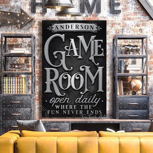 Personalized Game Room Sign Custom Family Last Name Modern Farmhouse Wall Decor Billiards Lounge Arcade Poker Darts Music Art CANVAS Print