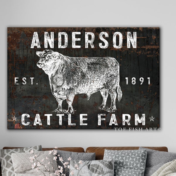 Modern Farmhouse Wall Decor Cattle Company Last Name Date Family Sign Rustic Cow Decor Living Room Wall Art Custom Personalized Canvas Print