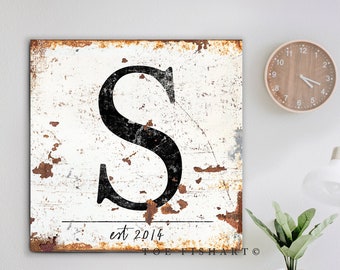 Family Sign Farmhouse Wall Decor Letter Art Established Sign Rustic Home Custom Print Industrial Vintage Sign Initial Name Personalized Gift