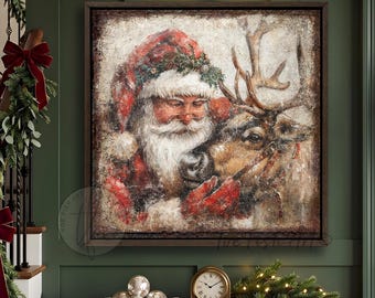 Vintage Christmas Sign - Rustic Santa Reindeer, Modern Farmhouse Wall Decor, Mantel Kitchen, Living Room Canvas or Outdoor Metal Print