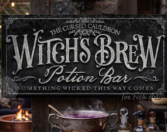 Witch’s Brew Sign – Halloween Bar, Personalized Family Name Wall Decor, Vintage Potion Bar Porch Wall Art, Canvas Or Outdoor Metal Print
