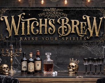 Personalized Halloween Sign - Witch’s Brew Bar, Family Name Wall Decor, Vintage Potion Bar Porch Art, Canvas Or Outdoor Metal Print