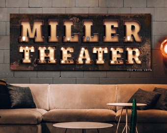 Theater Sign Last Name Sign RUSTIC Farmhouse Decor Established Sign Unique Gift Wife Family Wall Faux Marquee Distressed Sign Canvas Print