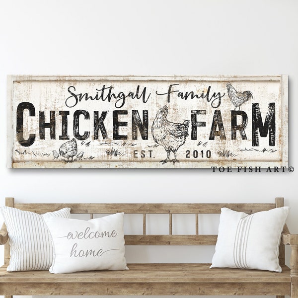 Modern Farmhouse Decor Chicken Farm Sign Custom Last Name Family Established Sign Large Rustic Wall Art Vintage Canvas Print Distressed Sign