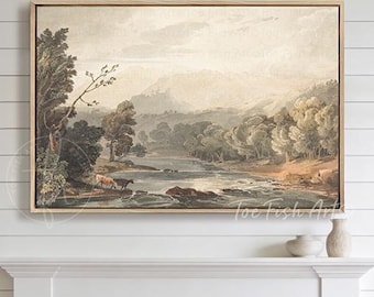 Framed Vintage Mountain Canvas Wall Art Print - Cottagecore Decor, Living Room Landscape Sign