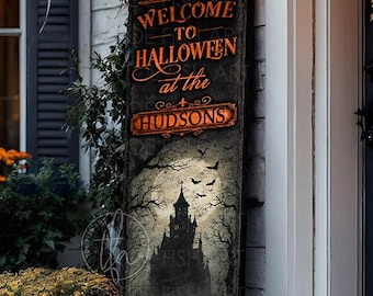 Personalized Halloween Porch Sign – Haunted House Welcome Fall Decoration, Farmhouse Autumn Holiday Wall Art Canvas or Outdoor Metal Print