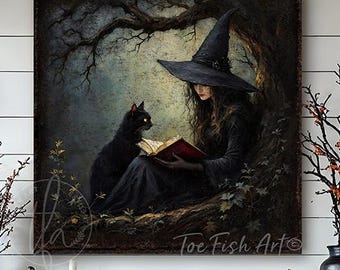 Vintage Witch Halloween Sign – Rustic Farmhouse Black Cat & Spell Book Fall Wall Art, Autumn Home Decor, Canvas or Outdoor Metal Print