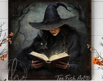 Vintage Witch Halloween Sign – Rustic Farmhouse Holiday Sign Wall Art, Black Cat Spell Book, Autumn Mantel Canvas or Outdoor Metal Print