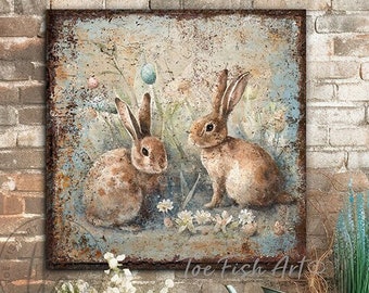 Easter Decoration Vintage Inspired Bunny Rabbit Sign Rustic Wall Art Modern Farmhouse Mantel Entryway Country Cottage Spring Decor Canvas