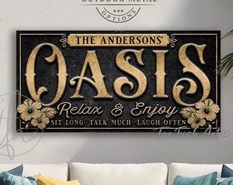 Personalized Pool & Patio Sign Backyard Oasis Bar and Grill Pool Deck Custom Family last Name Sign Rustic Canvas or Outdoor Metal Print