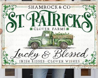St. Patrick’s Day Family Name Sign – Personalized Lucky & Blessed Shamrock Decor, Canvas, Framed Canvas, Metal Print, TOE FISH ART