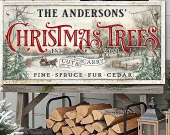 Family Name Christmas Tree Sign – Rustic Farmhouse Holiday Wall Art, Canvas or Outdoor Metal Print