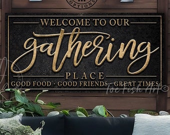 Personalized Gathering Place Sign Custom Family Name Vintage Family Room Living Room Wall Art Modern Farmhouse Decor Canvas or Metal Print