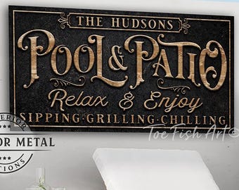 Personalized Pool and Patio Sign - Custom Family Name, Outdoor Metal Print, Backyard Bar and Grill Deck, Custom Modern Farmhouse Wall Decor