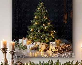 Vintage Christmas Tree Sign – Sled Holiday Mantel, Canvas Print, Moody Black Modern Farmhouse Wall Art Cozy Decor