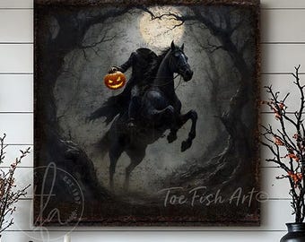 Headless Horseman Halloween Sign – Vintage Gothic Rustic Fall Wall, Creepy Mantel, Autumn Decoration, Canvas or Exterior Outdoor Metal Print