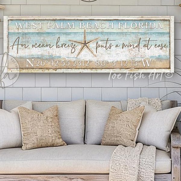 Coastal Decor Beach house Sign - Custom Family Name Beach Shell Personalized Wall Art, Latitude & Longitude Canvas Or Outdoor Metal Print