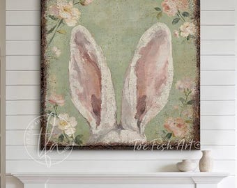 Vintage Bunny Sign - Modern Farmhouse Wall Decor, Rustic Rabbit Art, Holiday Mantel Decoration, Country, Canvas Print